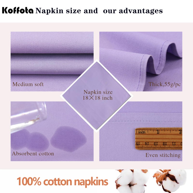 KOFFOTA Lavender Cloth Napkins Set of 6,Cotton Napkins 18x18 Inch,Light Purple Table Napkins for Spring Table Decorations,Thick,Reusable,Easy Care (Lavender) - Image 3